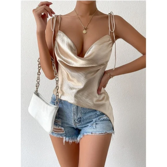 Champagne Color Glamorous Cowl Neck Ties Straps Camisole Top Satin - Picture 7 of 10